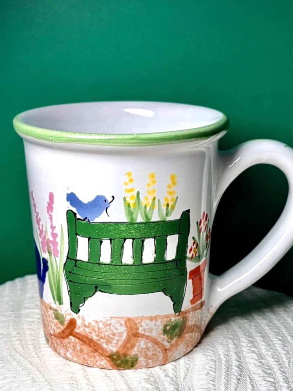 VTG Starbucks Hand-Painted Garden Bench Ceramic Mug Green/White 16 oz Hungary